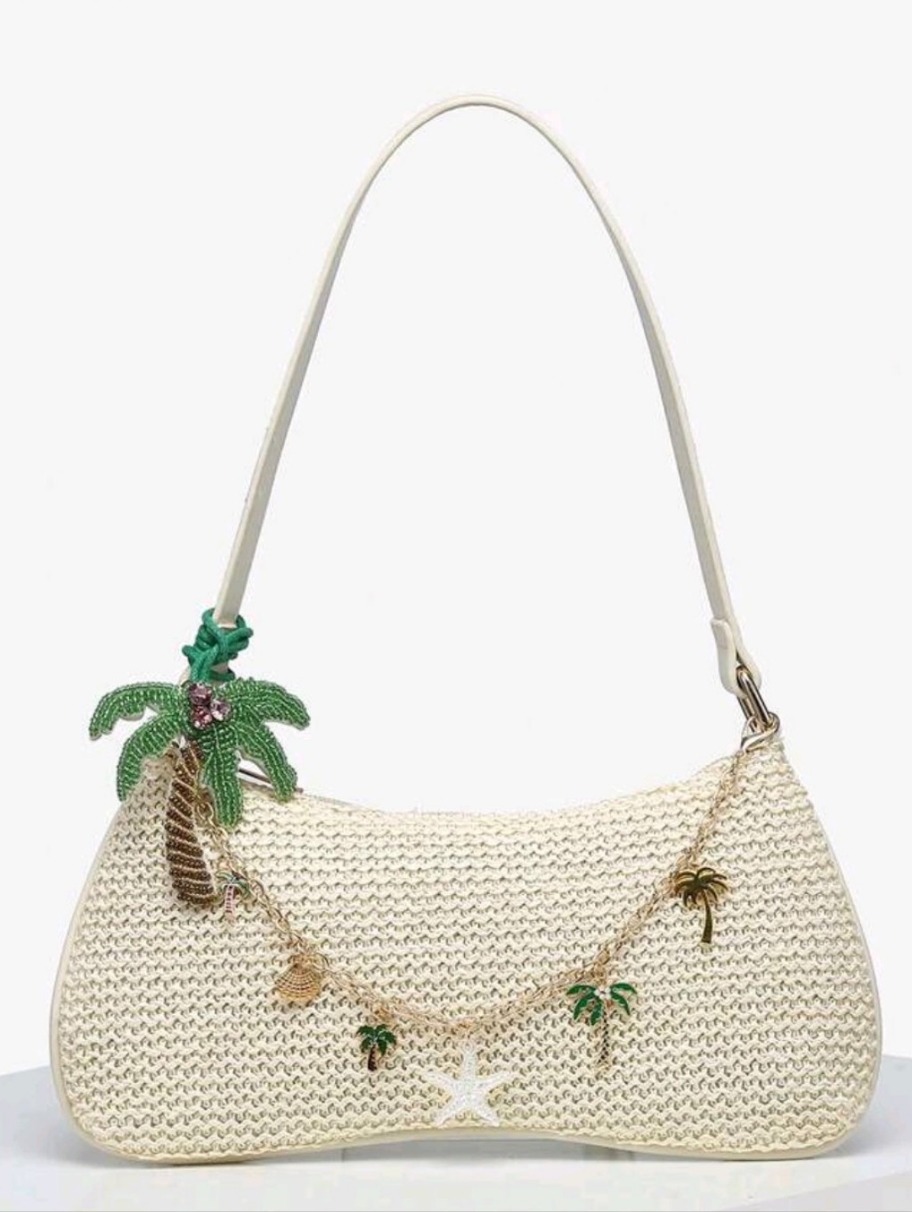 Brand New ** Cream Woven Palm Charm Shoulder Bag